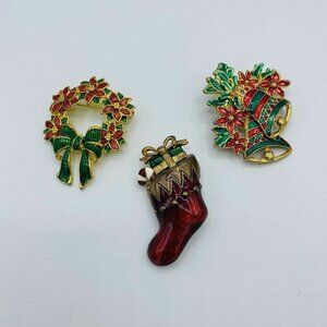 3 Vintage Christmas Brooches Poinsettia Bells Stocking Holidays